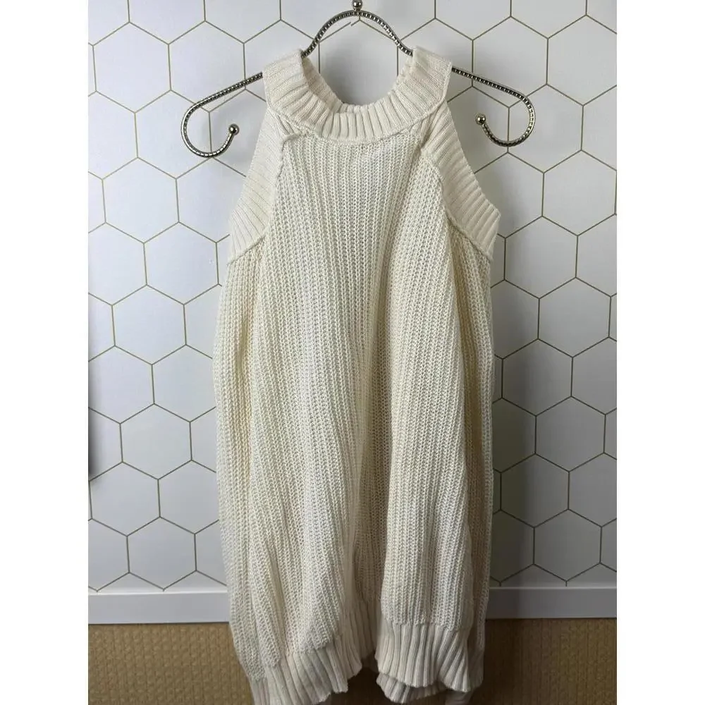 Free People Cream Strap Open Shoulder Half Moon Bay Rib Sweater - Size - Small